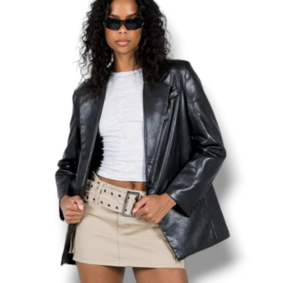 Princess Polly Jackets & Blazers - Princess Polly Curve Black Jocelyn Faux Leather Blazer Jacket New Size US 14